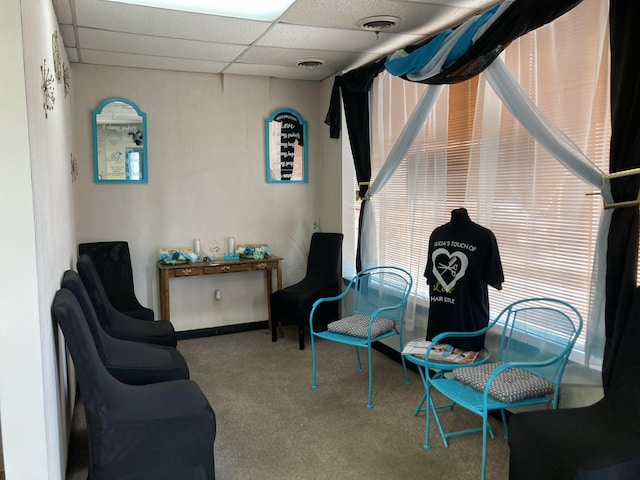 living area featuring carpet floors and a drop ceiling