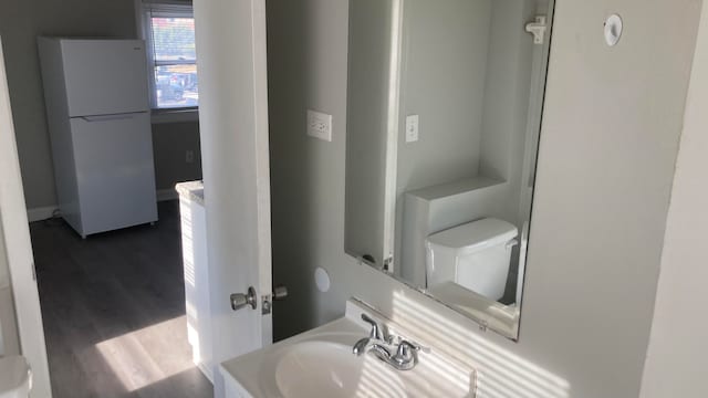 bathroom featuring toilet, sink, and wood-type flooring