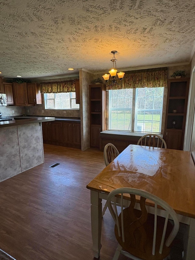 dining area featuring dark hardwood / wood-style flooring, a wealth of natural light, a textured ceiling, and a chandelier