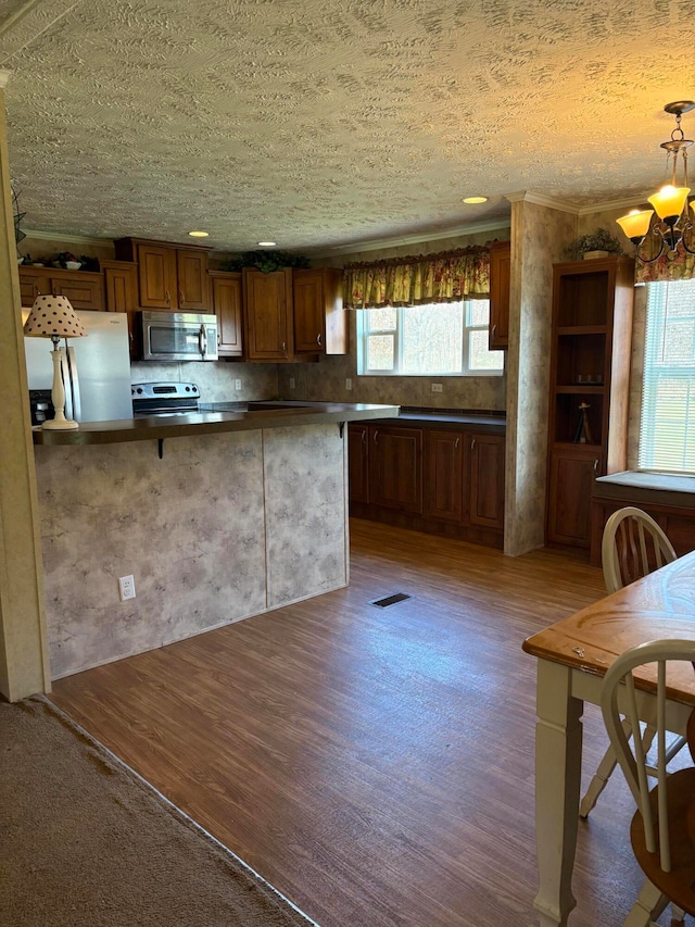 kitchen with wood-type flooring, stainless steel appliances, a textured ceiling, hanging light fixtures, and kitchen peninsula