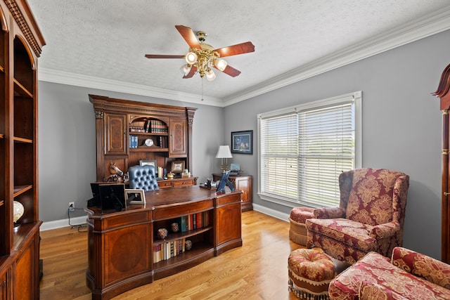 office space with ceiling fan, light hardwood / wood-style floors, and crown molding