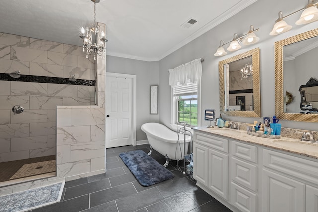 bathroom with plus walk in shower, vanity, an inviting chandelier, and ornamental molding