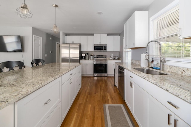 kitchen with white cabinets, stainless steel appliances, light hardwood / wood-style flooring, and hanging light fixtures