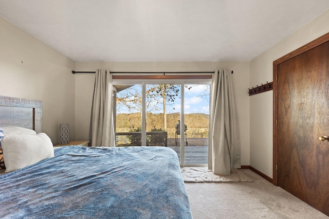 bedroom featuring access to outside, carpet floors, and a textured ceiling