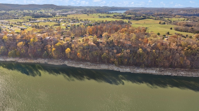 drone / aerial view featuring a water and mountain view