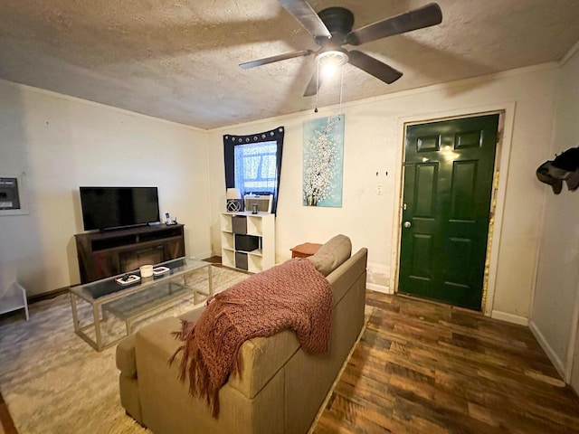 living room featuring ceiling fan, wood-type flooring, and a textured ceiling