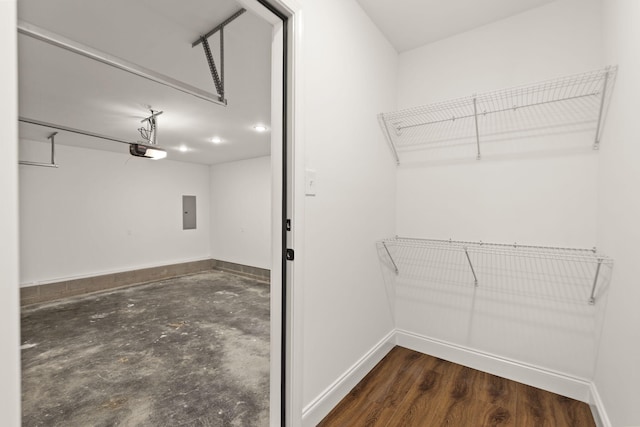 spacious closet featuring electric panel and dark wood-type flooring