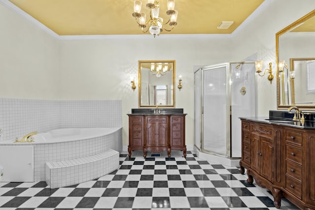 bathroom with separate shower and tub, ornamental molding, a chandelier, and vanity