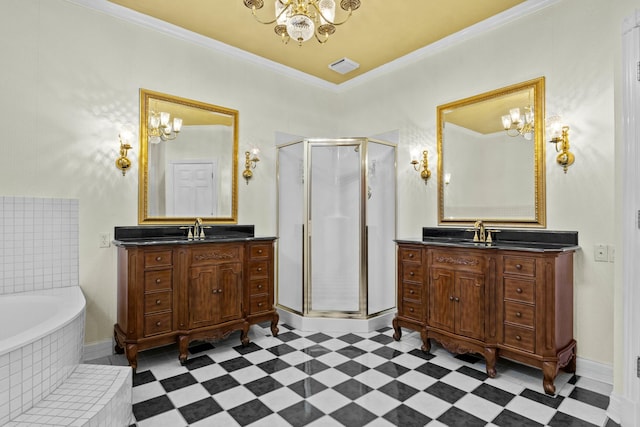 bathroom featuring vanity, a notable chandelier, crown molding, and plus walk in shower