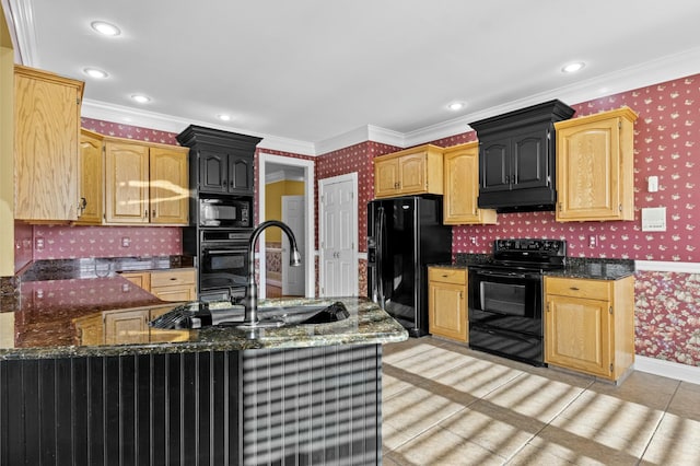 kitchen with crown molding, sink, kitchen peninsula, and black appliances