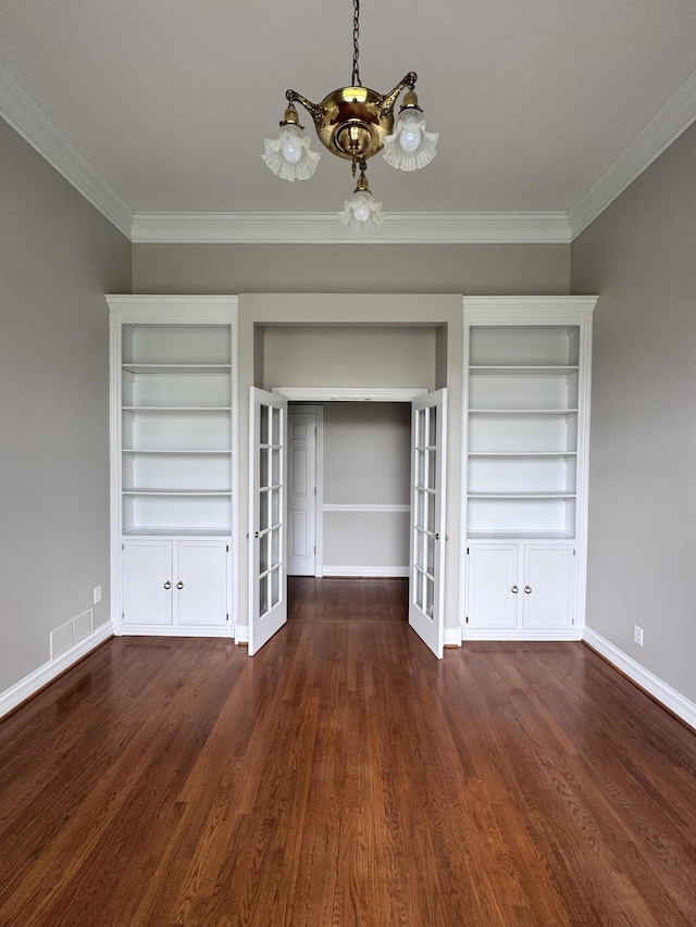 unfurnished bedroom featuring french doors, baseboards, and ornamental molding