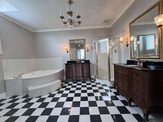 bathroom with two vanities, visible vents, a sink, and a chandelier