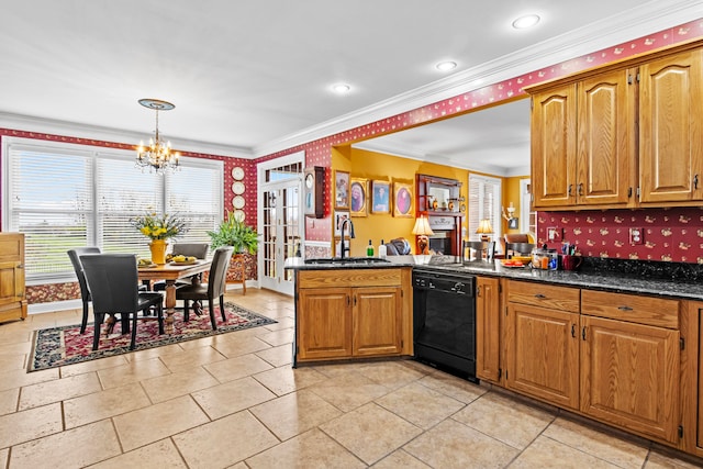 kitchen with pendant lighting, sink, dishwasher, ornamental molding, and kitchen peninsula