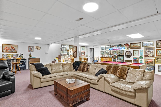 carpeted living room featuring a paneled ceiling and billiards