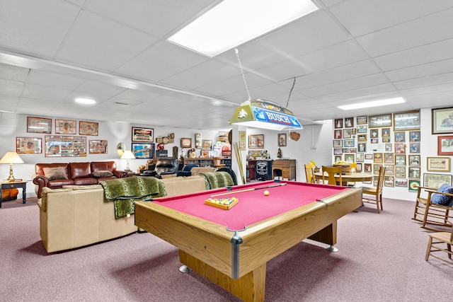 playroom featuring a drop ceiling, carpet floors, and billiards