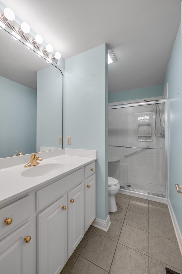 bathroom with tile patterned flooring, an enclosed shower, vanity, and toilet