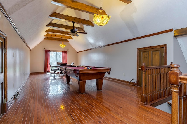 playroom featuring wood-type flooring, vaulted ceiling with beams, and billiards