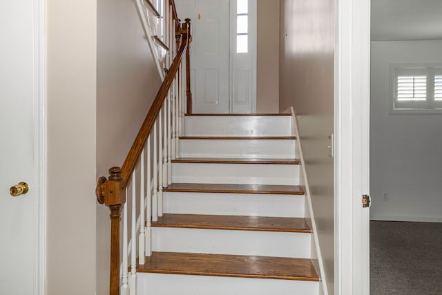 staircase featuring carpet and a healthy amount of sunlight