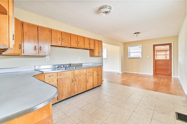 kitchen featuring sink, light wood-type flooring, and a textured ceiling