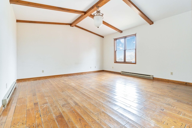 spare room featuring lofted ceiling with beams, a baseboard radiator, and light hardwood / wood-style floors