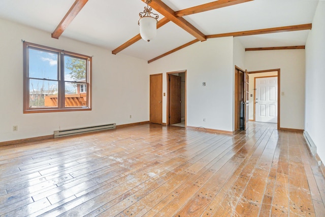 empty room featuring lofted ceiling with beams, a baseboard radiator, and light wood-type flooring