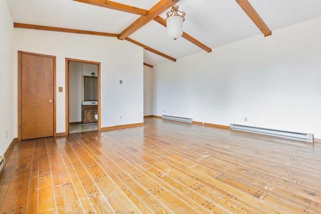 unfurnished room with lofted ceiling with beams, a baseboard radiator, and hardwood / wood-style flooring