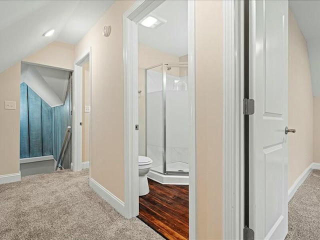 hallway featuring carpet flooring and vaulted ceiling