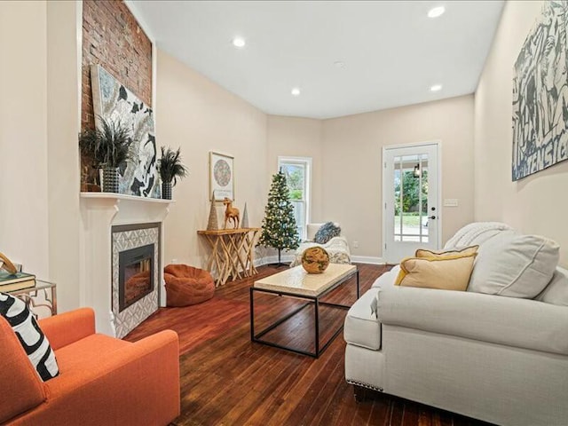 living room featuring a fireplace and dark wood-type flooring