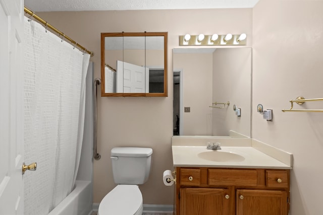 full bathroom with shower / bath combination with curtain, vanity, a textured ceiling, and toilet