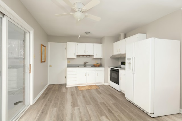 kitchen featuring electric stove, light wood-type flooring, under cabinet range hood, white fridge with ice dispenser, and white cabinetry