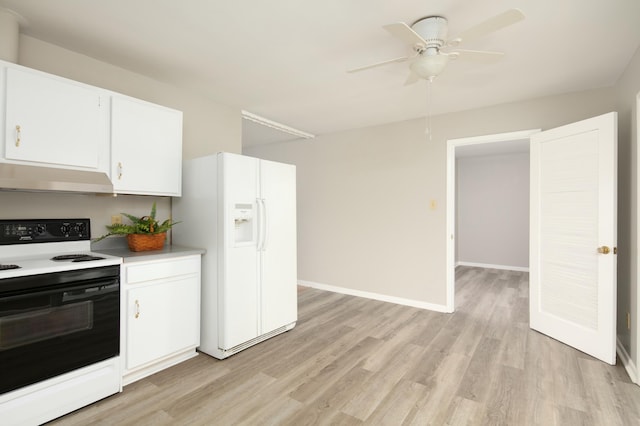 kitchen with electric stove, light wood finished floors, light countertops, white fridge with ice dispenser, and under cabinet range hood