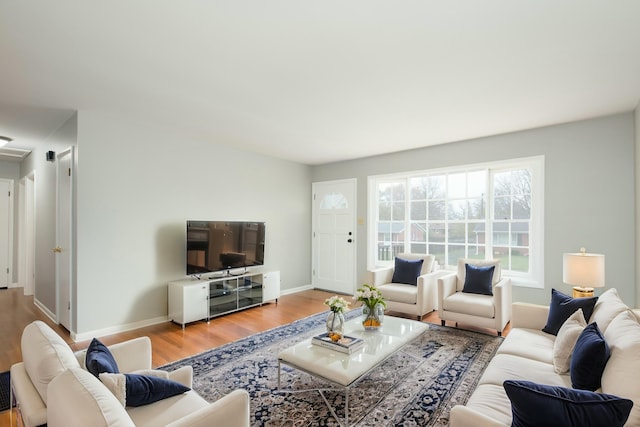 living area featuring wood finished floors and baseboards