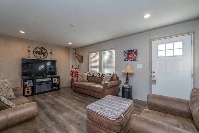 living room with dark hardwood / wood-style flooring and a healthy amount of sunlight