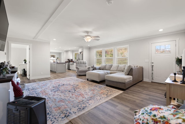 living room with hardwood / wood-style floors, ceiling fan, and crown molding