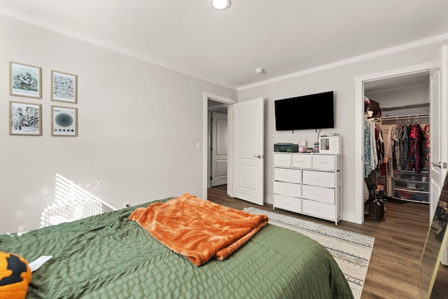 bedroom featuring crown molding, a closet, dark wood-type flooring, and a spacious closet