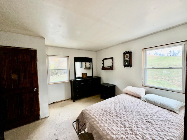 bedroom featuring multiple windows and light colored carpet