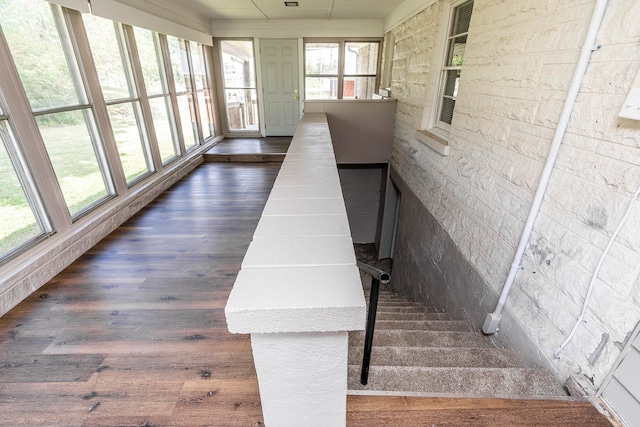 stairs featuring built in features, a healthy amount of sunlight, and wood-type flooring