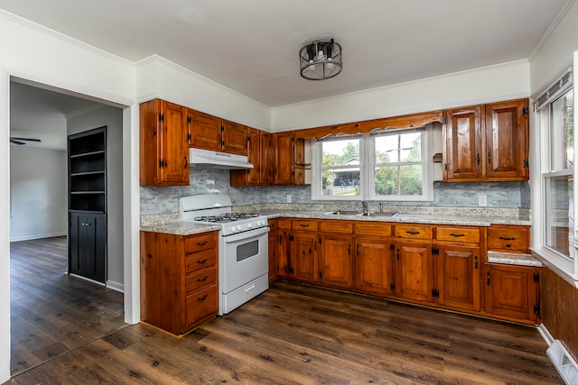 kitchen with white range with gas cooktop, decorative backsplash, sink, and dark hardwood / wood-style floors