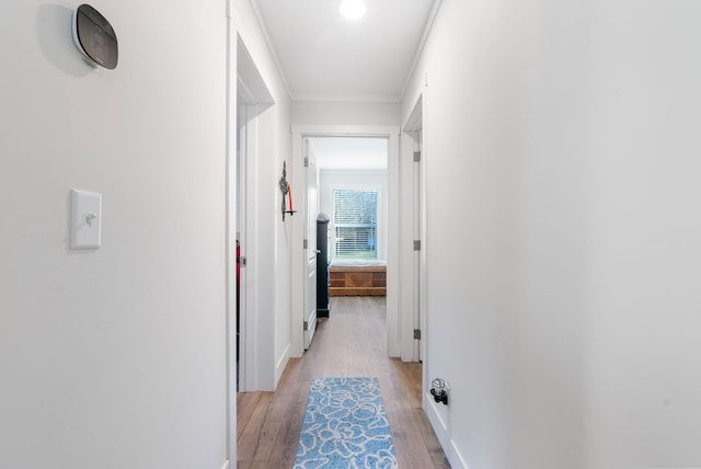 hallway with light hardwood / wood-style flooring and ornamental molding