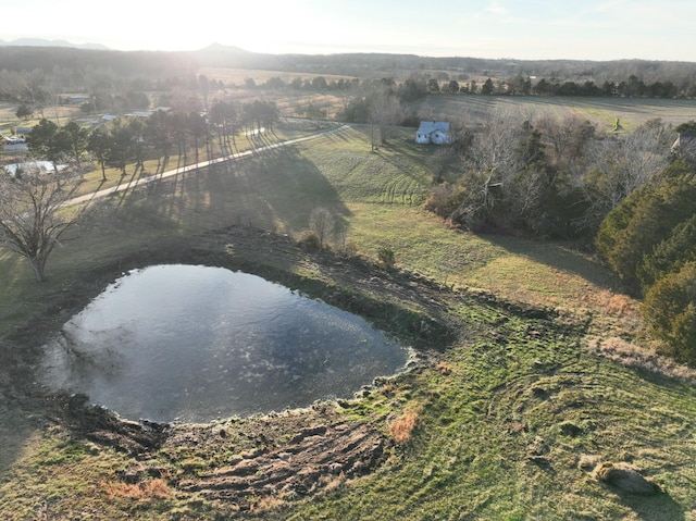 drone / aerial view featuring a rural view and a water view