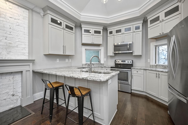 kitchen with dark wood finished floors, a breakfast bar area, ornamental molding, stainless steel appliances, and a sink