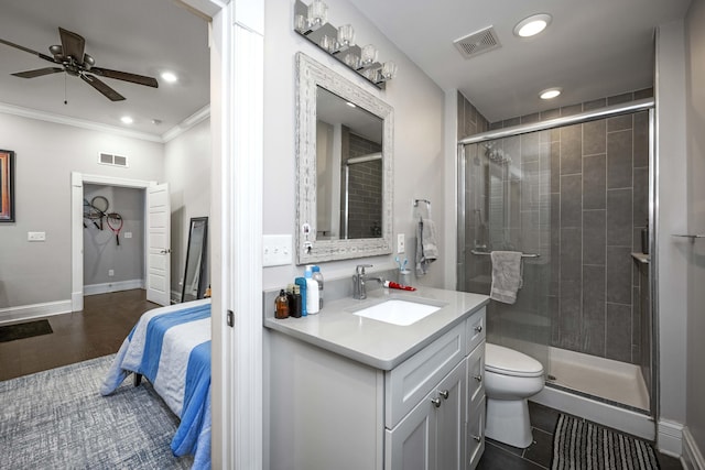 bathroom with ceiling fan, visible vents, ornamental molding, and a shower stall