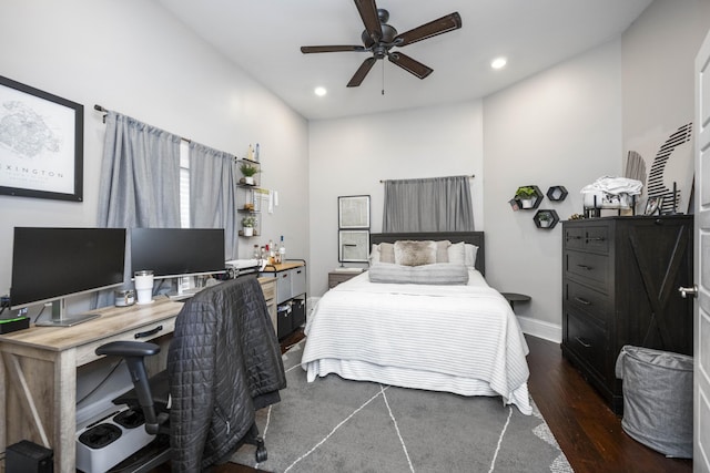 bedroom with recessed lighting, baseboards, dark wood finished floors, and ceiling fan