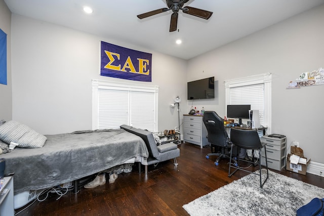 bedroom featuring recessed lighting, wood finished floors, and ceiling fan