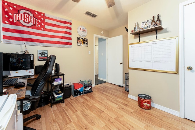 office featuring ceiling fan and light wood-type flooring