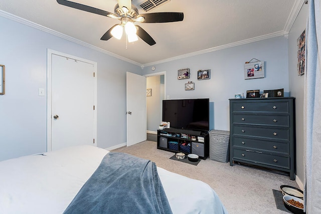 bedroom with light colored carpet, ceiling fan, and ornamental molding