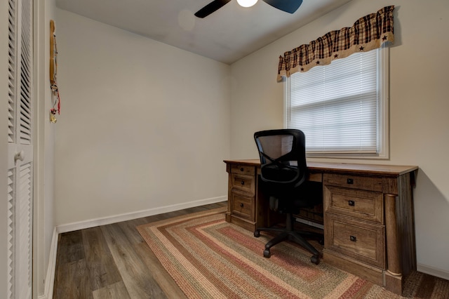 office space with ceiling fan and dark hardwood / wood-style floors