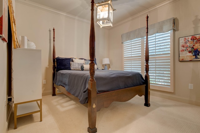 bedroom with light colored carpet and ornamental molding