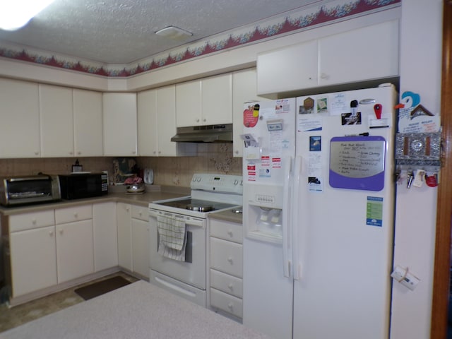 kitchen with white cabinets, a textured ceiling, white appliances, and backsplash