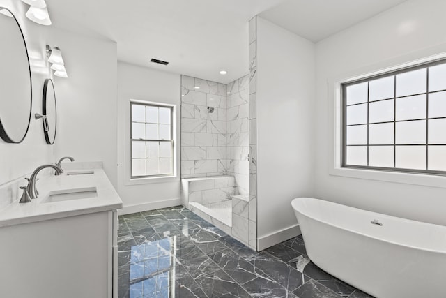 bathroom featuring vanity, plus walk in shower, and a healthy amount of sunlight